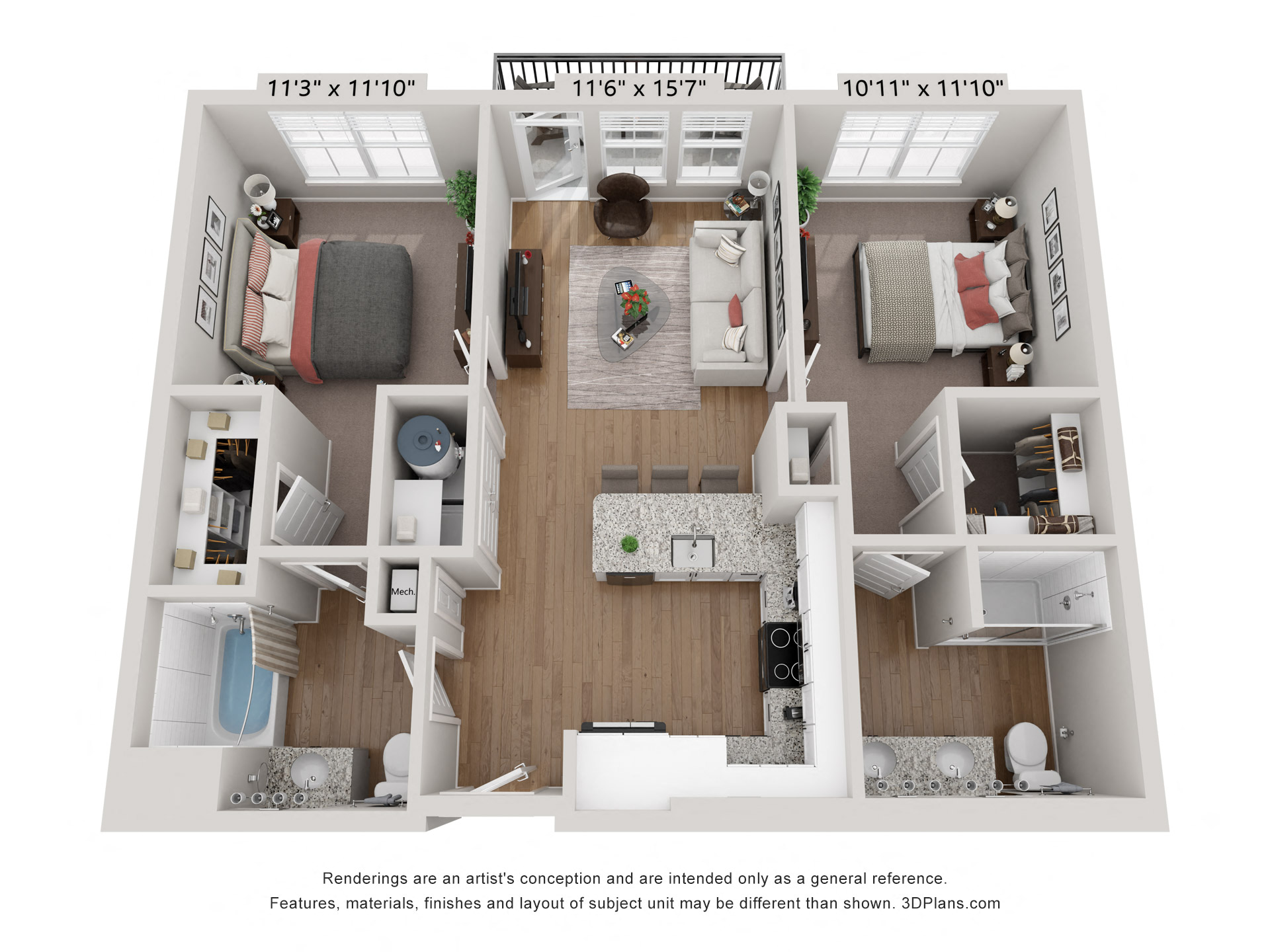 Floor plan for 2 beds, 2 baths, 917 sqft